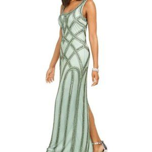 J Kara - Women's (Sz 8) Sage Green Beaded & Embellished Gown, Formal Maxi Dress